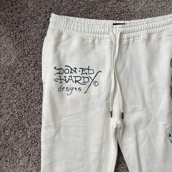 Ed Hardy Men's Size Large Ivory White Fleece Sweats Flaming Skull Hat NWT - Picture 3 of 8